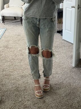One Teaspoon Washed Green Distressed Knee Boyfriend Jeans